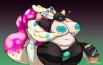  2017 anthro areola big_breasts biped blush breasts canine claws digital_drawing_(artwork) digital_media_(artwork) duo erection feline female fur gillpanda huge_breasts male mammal muscular muscular_male nipples nude open_mouth penis pussy simple_background teeth tongue 