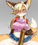 2017 anthro backpack blonde_hair blush breasts brown_fur canine clothing countershading covering covering_crotch dipstick_tail eyebrows eyebrows_visible_through_hair eyelashes female fox front_view fur gloves_(marking) hair hair_over_eye inner_ear_fluff kemono kinokoningen looking_at_viewer mammal markings miniskirt multicolored_fur multicolored_tail orange_fur panties ponytail signature simple_background sitting skirt slit_pupils solo spread_legs spreading sweat underwear white_fur 