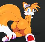  2017 absurd_res big_butt blue_eyes blush bubble_butt butt canine clothing embarrassed eyewear footwear fox goggles hi_res huge_butt looking_at_viewer looking_back male mammal miles_prower mostly_nude multi_tail solo sonic_(series) sssonic2 wide_hips 