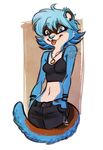  2016 :3 anthro biped black_bottomwear black_clothing black_topwear blep blue_eyes blue_fur blue_hair blue_nose blue_tail blue_theme bracelet breasts brown_background brown_fur brown_nose brown_tail cheek_tuft clothed clothing countershade_face countershade_torso countershading digital_drawing_(artwork) digital_media_(artwork) eyelashes female ferret front_view fukari fur hair hands_in_pockets jeans jewelry locket long_tail looking_at_viewer mammal mask_(marking) midriff multicolored_fur mustelid navel navel_rim neck_tuft necklace pants portrait shirt short_hair simple_background slim small_breasts small_waist smile solo standing tan_countershading tan_fur tank_top three-quarter_portrait tongue tongue_out tuft two_tone_tail watermark white_background 