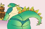  2017 ambiguous_gender anthro banana bedroom_eyes belly big_butt biped butt cake clothing digital_drawing_(artwork) digital_media_(artwork) dinosaur eyelashes food fruit furgonomics green_body green_bottomwear green_clothing green_tail green_topwear half-closed_eyes hi_res leaning leaning_forward legs_together long_tail looking_back overweight overweight_ambiguous panties pink_background portrait presenting presenting_hindquarters seductive shirt simple_background slimeymonsterguts smile solo spiked_tail spikes spots spotted_body standing stegosaurus tan_clothing tan_topwear thick_thighs three-quarter_portrait underwear yellow_spots 