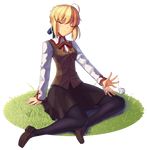  absurdres afterimage ahoge arm_support artoria_pendragon_(all) blonde_hair blue_legwear blush boa_(brianoa) braid brown_footwear brown_jacket brown_skirt closed_eyes closed_mouth collared_shirt commentary eyebrows_visible_through_hair facing_viewer fate/stay_night fate_(series) full_body grass highres homurahara_academy_uniform jacket long_sleeves on_ground pantyhose patting_lap red_ribbon ribbon saber school_uniform shirt shoes short_hair sidelocks sitting skirt sleeveless_jacket solo transparent_background white_shirt 