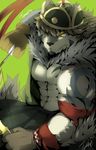  2017 abs anthro biceps canine clothed clothing digital_media_(artwork) fur hi_res kemono male mammal muscular muscular_male pecs tach8 tattoo temujin tokyo_afterschool_summoners wolf 