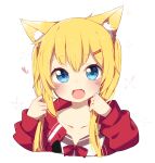  1girl adjusting_hair akai_haato animal_ears animal_hair_ornament bangs blonde_hair blue_eyes blush bow bowtie cat_ears collarbone commentary_request eyebrows_visible_through_hair fang hair_ornament hairclip heart highres hololive hood hoodie okota_mikan open_mouth red_bow red_bowtie red_hoodie simple_background smile solo upper_body virtual_youtuber white_background 