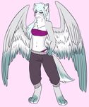  2017 anthro blue_eyes blue_hair breasts canine cleavage clothed clothing female fizzy-dog full-length_portrait fur grey_fur hair hand_on_hip mammal neck_tuft pink_background portrait simple_background skimpy slovenskiy solo standing tube_top tuft white_fur wings 