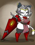  2017 anthro armor breasts canine cat clothed clothing digital_media_(artwork) dog feline female fur hair jyto knight looking_at_viewer mammal melee_weapon simple_background sword tem temmie_(undertale) undertale video_games weapon white_fur 