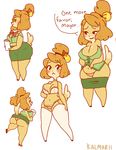  2017 animal_crossing anthro bare_shoulders big_breasts black_eyes black_nose blush bow_tie bra breasts brown_hair canine cleavage clipboard clothed clothing clothing_lift cute dialogue digital_media_(artwork) dog english_text eyebrows eyelashes female front_view fur garter_straps green_clothing hair hair_bun half-closed_eyes isabelle_(animal_crossing) kalmarii legwear lingerie mammal midriff miniskirt multicolored_fur navel nervous nintendo nipple_bulge one_leg_up open_mouth panties partially_clothed rear_view seductive shirt shirt_lift shy simple_background skirt skirt_pull slightly_chubby smile socks solo standing stockings text thick_thighs thigh_highs thigh_socks two_tone_fur underwear upskirt video_games voluptuous white_background white_fur wide_hips yellow_fur 