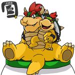  2016 3_toes 4_fingers beige_scales black_eyes blush bowser bowser_jr. bowserboy101 claws cub digital_media_(artwork) fangs father father_and_son featureless_crotch green_scales hair hand_on_body happy hi_res horn koopa looking_at_viewer male mario_bros nintendo one_eye_closed open_mouth parent red_hair scales scalie signature simple_background sitting size_difference son spiked_bracelets toes video_games white_background wink yellow_scales young 