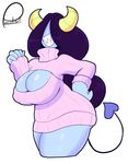  2017 absurd_res big_breasts breasts clothing dandy_demons demon devilchild female hair hair_over_eyes hi_res horn humanoid not_furry peculiart simple_background smile solo sue_(peculiart) sweater thick_thighs virgin_killer_sweater voluptuous wide_hips 