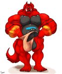  anthro balls big_balls big_penis canine clothing erection erection_under_clothes hands_on_hips humanoid_penis hyper hyper_muscles looking_at_viewer male mammal musclegut muscular penis smile solo standing thick_penis torn_clothing uniparasite 