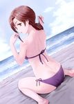  absurdres bare_shoulders beach bikini brown_eyes brown_hair cloud day dutch_angle from_behind highres idolmaster idolmaster_cinderella_girls kawashima_mizuki long_hair meto31 ocean open_mouth outdoors purple_bikini side-tie_bikini sitting sky solo swimsuit untied untied_bikini 