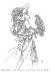  2012 ambiguous_gender anthro armlet avian bird bracelet canine clothed clothing dark_natasha duo ear_piercing falcon feathered_wings feathers female feral fur gloves greyscale hair jackal jewelry mammal monochrome piercing pirate tail_ring tassels wings 