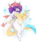  ashiji_(character) big_hands blue_eyes breasts dragon featureless_crotch female fish hair horn humanoid marine navel nipples nude purple_hair shark simple_background slugbox small_feet solo thick_tail thick_thighs white_background wide_hips 