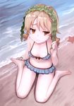  absurdres arm_support barefoot beach bikini blonde_hair blue_bikini breasts brown_eyes cleavage collarbone feet frilled_bikini frills from_above highres idolmaster idolmaster_cinderella_girls long_hair meto31 morikubo_nono outdoors sitting small_breasts solo swimsuit tears water 