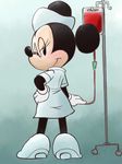  2012 3:4 anthro black_nose blood blush chico110 clothing digital_drawing_(artwork) digital_media_(artwork) disney eyelashes female footwear gown half-closed_eyes hand_on_hip hat high_heels iv_bag iv_line looking_back mammal minnie_mouse mouse nurse nurse_uniform pole rear_view rodent round_ears shoes simple_background smile solo uniform white_gloves 