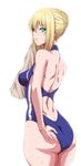  adjusting_clothes adjusting_swimsuit ahoge artoria_pendragon_(all) ass blonde_hair blue_swimsuit brown_towel fate/stay_night fate_(series) green_eyes highres saber shiny shiny_hair simple_background solo standing swimsuit towel wet white_background zucchini 