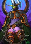  2016 5_fingers armor avian biped bird bottomless breastplate cape clothed clothing delidah digital_drawing_(artwork) digital_media_(artwork) elf female feral front_view gauntlets gloves glowing glowing_eyes greaves green_eyes hair hand_on_hip helmet holding_object holding_weapon humanoid long_hair looking_at_viewer looking_down low-angle_view maiev_shadowsong melee_weapon midriff night_elf not_furry not_furry_focus pauldron pinup ponytail portrait pose presenting presenting_pussy pubes purple_pussy purple_skin pussy sky small_waist solo standing three-quarter_portrait vambraces video_games voluptuous warcraft weapon white_hair 