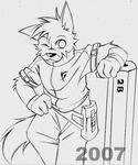  2007 anthro canine clothed clothing dog fur male mammal one_eye_closed sketch solo takemoto takemoto_arashi wink 