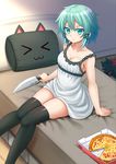  &gt;_&lt; :3 :t aqua_eyes aqua_hair arm_at_side bare_arms bare_shoulders black_cat black_legwear blush breasts cat cleavage closed_mouth collarbone crossover dress food glint hair_ribbon highres holding holding_knife indoors kazenokaze knees_together_feet_apart knife medium_breasts nichijou on_bed pillow pizza pizza_box pout ribbon sakamoto_(nichijou) shiny shiny_hair short_hair sidelocks sinon sitting sleeping solo_focus sundress sword_art_online thighhighs tress_ribbon v-shaped_eyebrows zettai_ryouiki 