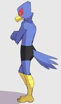 alternate_version_available black_underwear blush boxer_briefs clothed clothing falco_lombardi grey_background looking_at_viewer nintendo rear_view simple_background star_fox thegreatmatsutzu topless underwear video_games 