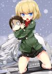  absurdres artist_name ass_visible_through_thighs bangs black_legwear black_skirt blonde_hair blue_eyes blush character_doll character_name day embarrassed fang full_body girls_und_panzer green_jacket ground_vehicle highres holding holding_stuffed_toy jacket katyusha kneeling long_sleeves looking_at_viewer mamo_williams military military_vehicle miniskirt motor_vehicle nonna open_mouth outdoors pleated_skirt pravda_school_uniform red_shirt school_uniform shirt short_hair skirt snow socks solo t-34-85 tank translated turtleneck 
