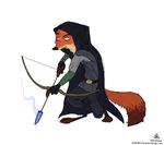  2016 arrow belt black_nose canine clothed clothing disney fighting_stance fluffy fluffy_tail fox fully_clothed fur garrett_(thief_series) gloves hood invalid_tag looking_at_viewer male mammal multicolored_fur nick_wilde orange_fur raised_eyebrow scar simple_background solo solo_focus standing thatotherwhaleoil thief_(series) weapon white_background wraps zootopia 