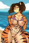  anthro beach big_breasts bikini breasts canine clothing eyewear female glasses looking_at_viewer mammal natysanime nipples outside pussy seaside sling_bikini smile solo standing stripes swimsuit voluptuous wide_hips 