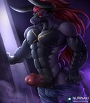  anthro big_penis bulge clothed clothing dragon erection hair humanoid_penis long_hair looking_at_viewer male muscular muscular_male nipples nurinaki pants_down partially_clothed penis retracted_foreskin solo standing uncut vein 