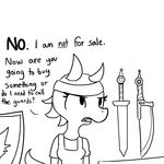  annoyed black_and_white breasts dialogue english_text eyelashes female horn kobold melee_weapon monochrome sharp_teeth shield solo sword teeth text tjpones weapon 