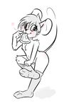  &lt;3 :3 anthro black_and_white blush clothing digital_media_(artwork) female food gesture legwear looking_at_viewer mammal monochrome mouse on_one_leg pizza pointing_at_self rodent simple_background slowderpyguy socks solo standing undressing 