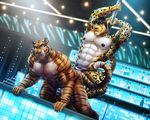  abs bar biceps bulge clothed clothing dream_and_nightmare feline jaguar male male/male mammal muscular night_(dream_and_nightmare) nipples pecs pole stripper stripper_pole tiger topless zootopia_shorts 