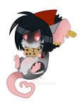  2016 :3 armband bandanna black_markings buckteeth chibi chocolate_chip_cookie cookie crumbs digital_media_(artwork) ear_piercing ear_tag facial_markings female food fur grey_fur grey_hair hair heart_tail markings multicolored_fur nude piercing pudgy_belly rat_tail red_bandanna red_eyes short_hair simple_background smile solo spots teeth toonya two_tone_fur watermark white_background white_markings 