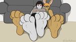  4_toes absurd_res anthro barefoot brown_fur clothing feet flasses foot_fetish foot_focus fur grey_fur hat headwear hi_res jaethebunny looking_at_viewer male pants paws sitting soles toes 