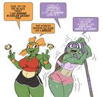 3_fingers anthro big_breasts blue_eyes breasts chochi cleavage clothed clothing crossgender dialogue donatello_(tmnt) english_text exercise eyelashes female freckles mask michelangelo_(tmnt) midriff reptile scalie shaking shell sibling sisters smile speech_bubble staff sweat teenage_mutant_ninja_turtles text thick_thighs tired trembling turtle 