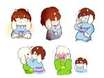  &gt;_&lt; 1other :&lt; :3 androgynous animalization asriel_dreemurr blush blush_stickers brown_hair caribun closed_eyes commentary fangs finger_to_mouth frisk_(undertale) furry hair_between_eyes highres holding_ears horns kiss monster_boy no_humans o_o open_mouth simple_background striped striped_sweater sweater undertale wavy_mouth white_background yawning 