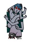  2017 5_fingers 5_toes android biped bird&#039;s-eye_view blue_background blue_hair breasts chiss_(delidah) delidah detachable detachable_limbs digital_drawing_(artwork) digital_media_(artwork) featureless_breasts featureless_crotch feet female fist glowing glowing_eyes grey_nails grey_skin hair high-angle_view humanoid humanoid_feet humanoid_hands legs_above_head looking_at_viewer looking_up lying machine medium_breasts not_furry nude on_back open_mouth patreon red_eyes red_sclera robot short_hair simple_background solo toes url white_background wide_eyed wiring 