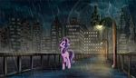  2017 city cutie_mark equine female feral friendship_is_magic hair horn lightning_bolt mammal multicolored_hair my_little_pony night outside raining solo starlight_glimmer_(mlp) stratodraw street_lamp two_tone_hair unicorn water 
