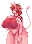  2017 absurd_res big_breasts bikini breasts clothing cuddlesong demon female hair hi_res horn huge_breasts humanoid mammal nipple_bulge nipple_piercing nipples not_furry piercing pointy_ears simple_background solo spade_tail swimsuit tattoo thick_thighs voluptuous white_background wide_hips 