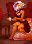  5_fingers anthro barefoot blue_eyes breasts clothed clothing female fur hair heterochromia mammal orange_fur red_panda sitting smile solo vexstacy white_hair 