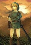  blonde_hair blue_eyes gloves hat holding holding_sword holding_weapon left-handed link male_focus pointy_ears sky solo sword the_legend_of_zelda the_legend_of_zelda:_twilight_princess weapon yuki_(tomoki) 