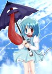  asatama blue_eyes blue_hair blush chain cloud collar day heterochromia karakasa_obake purple_umbrella red_eyes short_hair solo tatara_kogasa touhou umbrella 