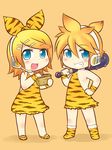  1girl alternate_costume animal_print beans brother_and_sister child club hair_ornament hairclip headset kagamine_len kagamine_rin kanabou masu muhyowo setsubun siblings tiger_print twins vocaloid weapon 