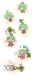 1girl :d :o \o/ ^_^ arms_up bloomers chibi closed_eyes comic directional_arrow fallen_down falling flower flower_on_head growth happy kazami_yuuka mokku object_on_head open_mouth outstretched_arms silent_comic sitting smile sparkle sprout sprout_on_head sunflower sweatdrop touhou underwear wavy_mouth 