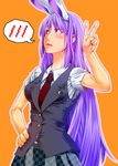  animal_ears blazer blush bunny_ears extra_ears hands jacket lips long_hair necktie purple_hair red_eyes red_neckwear reisen_udongein_inaba solo touhou uraraku_shimuni v 