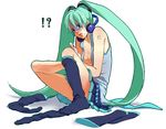  1girl bad_id bad_pixiv_id barefoot feet hatsune_miku headphones holding_own_foot kawai_makoto legs lips long_hair open_clothes open_shirt shaded_face shirt single_sock sock_pull socks solo sweat thighhighs twintails undressing very_long_hair vocaloid 