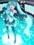  :d aqua_eyes aqua_hair bare_shoulders black_legwear detached_sleeves face hatsune_miku headset highres legs long_hair necktie open_mouth outstretched_arms pleated_skirt skirt smile solo spread_arms thighhighs twintails very_long_hair vocaloid yanagi_(tsukiakari) 