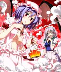  alternate_breast_size bat_wings bottle braid breasts cleavage hat izayoi_sakuya maid maid_headdress medium_breasts multiple_girls navel o_o older open_clothes open_shirt potion purple_hair red_eyes remilia_scarlet sazanami_mio shirt short_hair silver_hair smoke surprised touhou twin_braids undersized_clothes wavy_mouth wings 