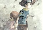  1girl brother_and_sister digimon digimon_adventure hug rina_(michishirube) sad siblings traditional_media watercolor_(medium) yagami_hikari yagami_taichi 