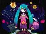  aqua_hair bad_id bad_pixiv_id blush flower gradient_hair hatsune_miku japanese_clothes kimono long_hair maako_(yuuyake.) multicolored_hair obi one_eye_closed sash solo twintails very_long_hair vocaloid 