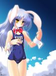  angel_beats! animal_ears blush bow bowtie bunny_ears highres long_hair name_tag one-piece_swimsuit saano_chia school_swimsuit silver_hair solo swimsuit tenshi_(angel_beats!) wrist_cuffs yellow_eyes 